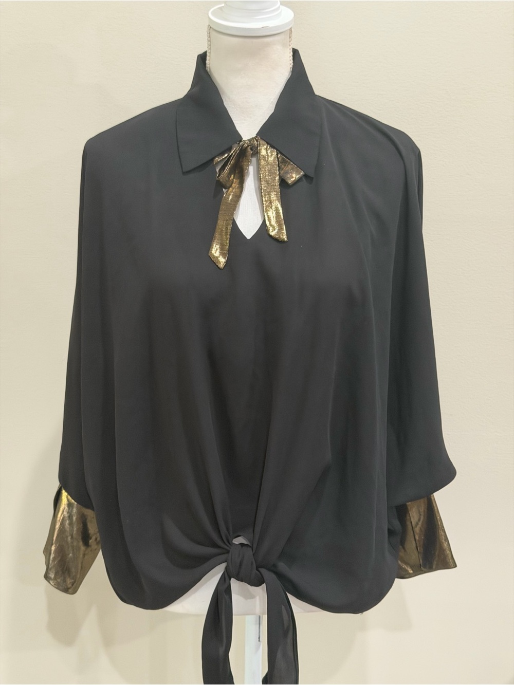 Casting France Top Blouse Size 2 Black Gold Trim Semi Sheer 3/4 Sleeve Tie Front
